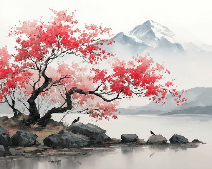 Red Tree Leans over Water Cross Stitch Kits