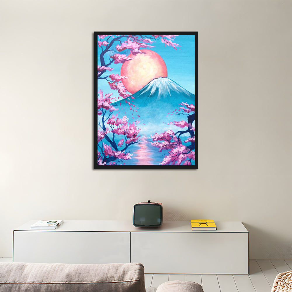 Pink Sun Rises behind Mount Fuji Cross Stitch Kits