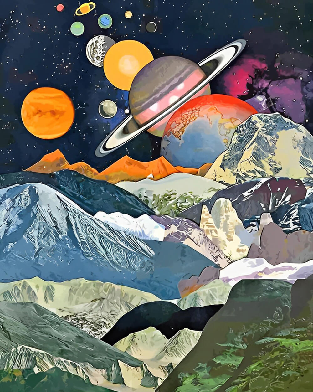 Ringed Planet Rises over Peaks Cross Stitch Kits