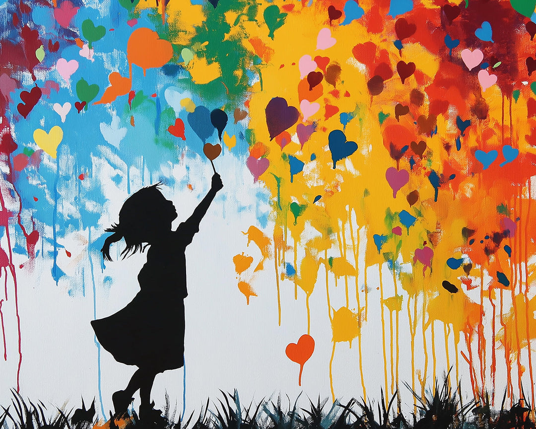 Girl Reaches Colorful Heart Sky Cross Stitch Kits