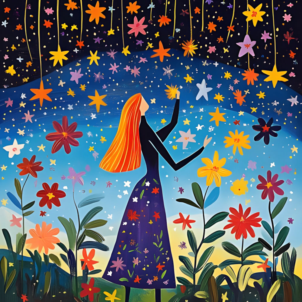 Woman Reaches Hanging Stars Cross Stitch Kits