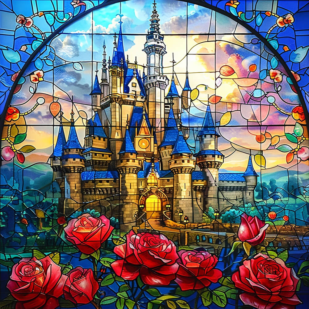 Blue Castle Glows behind Roses Cross Stitch Kits