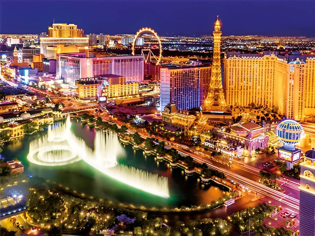 Fountain Dances Beneath Neon Skyline Cross Stitch Kits