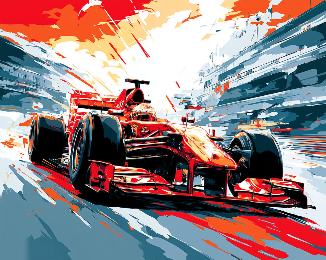 Red Race Car Charges Forward Cross Stitch Kits