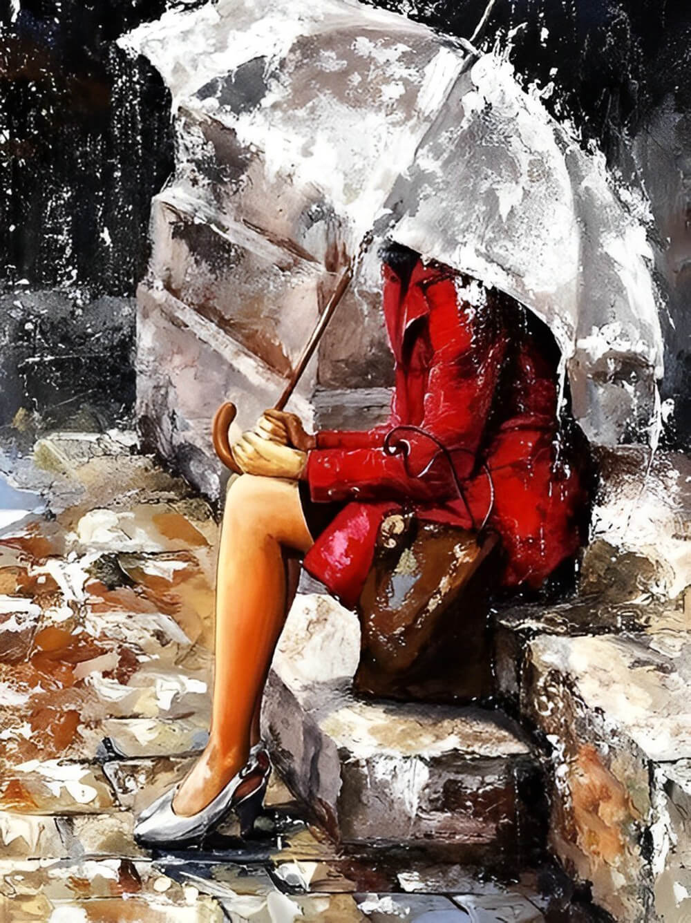 Red Coat Woman Holds Umbrella Cross Stitch Kits