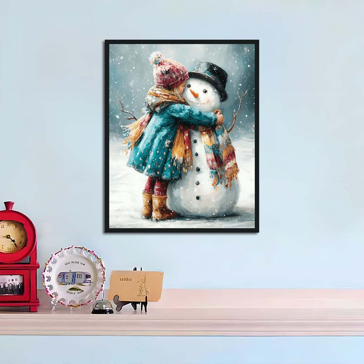Young Child Hugs White Snowman Cross Stitch Kits