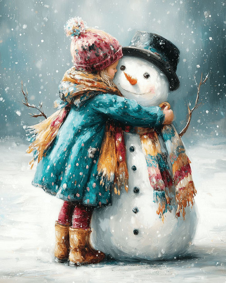 Young Child Hugs White Snowman Cross Stitch Kits