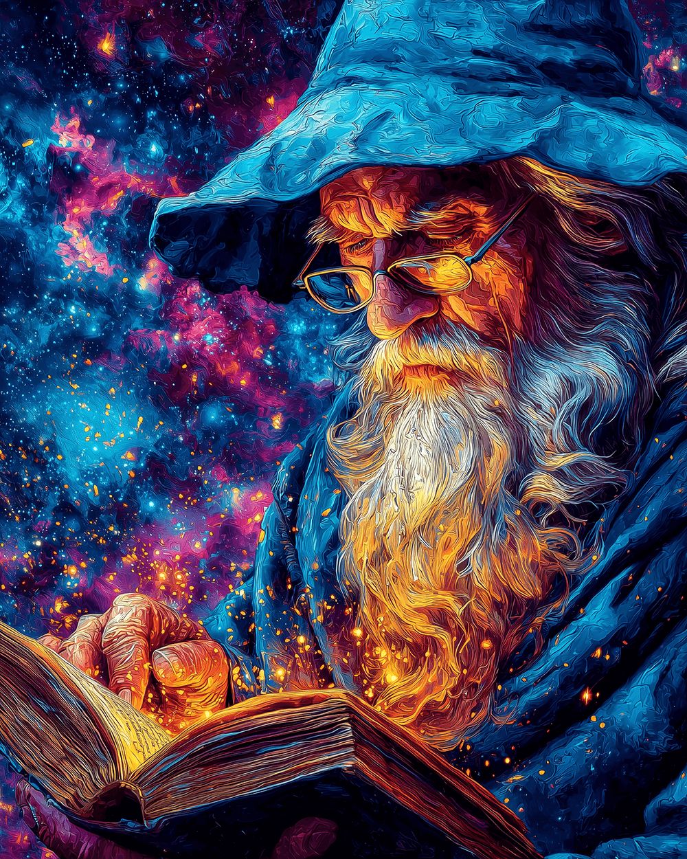 Bearded Wizard Reads Glowing Book Cross Stitch Kits