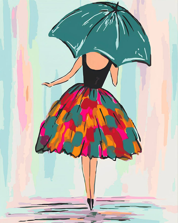 Woman Holds Green Umbrella Cross Stitch Kits