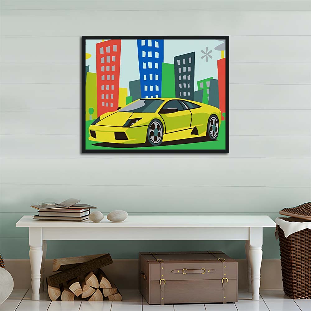 Yellow Sports Car Parks Downtown Cross Stitch Kits
