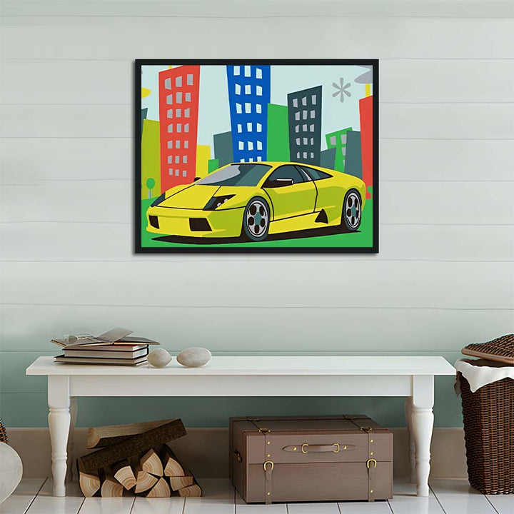 Yellow Sports Car Parks Downtown Cross Stitch Kits