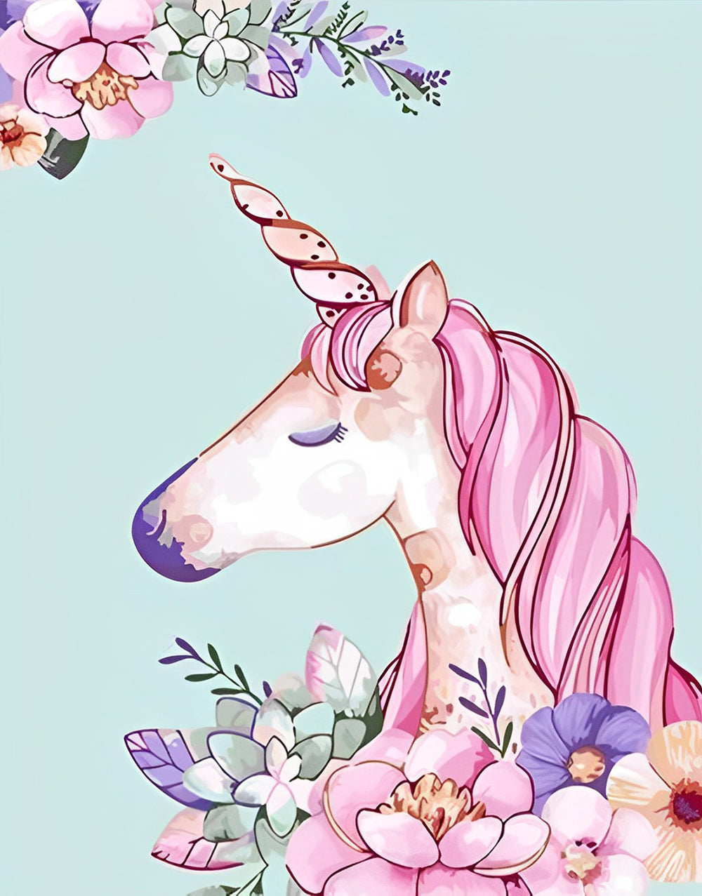 Pink Unicorn Rests among Flowers Cross Stitch Kits