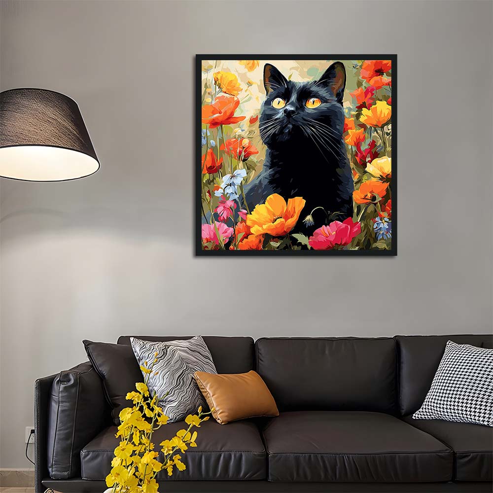 Black Cat Stares amidst Blooms Cross Stitch Kits