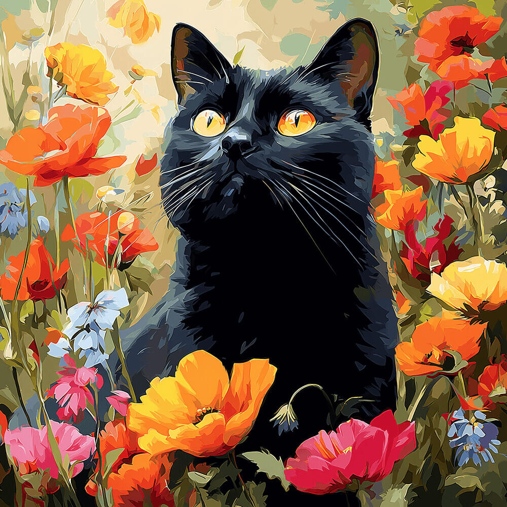 Black Cat Stares amidst Blooms Cross Stitch Kits