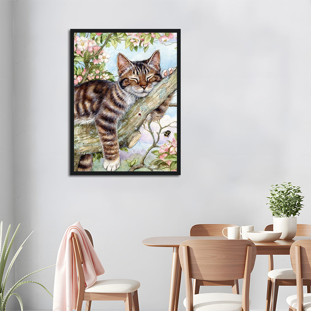 Tabby Cat Naps on Tree Branch Cross Stitch Kits