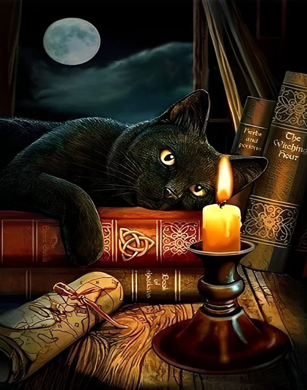 Candle Glows beside Watchful Cat Cross Stitch Kits