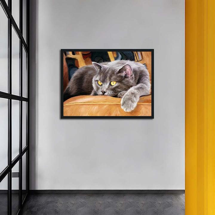 Gray Cat Rests on Leather Couch Cross Stitch Kits