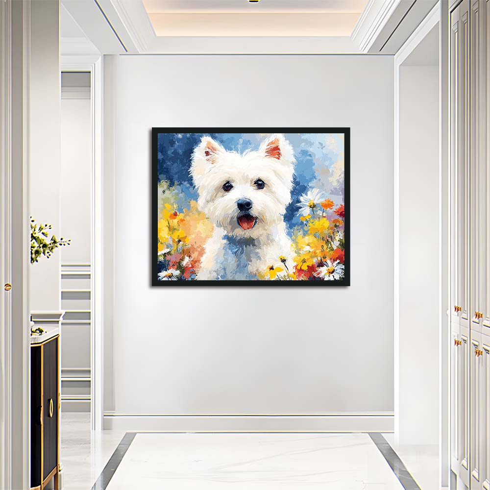 White Dog Grins amidst Flowers Cross Stitch Kits