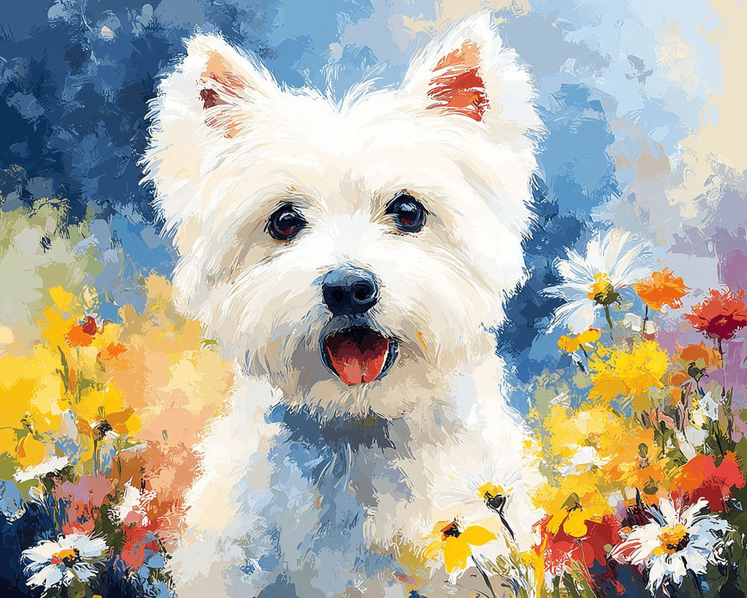 White Dog Grins amidst Flowers Cross Stitch Kits