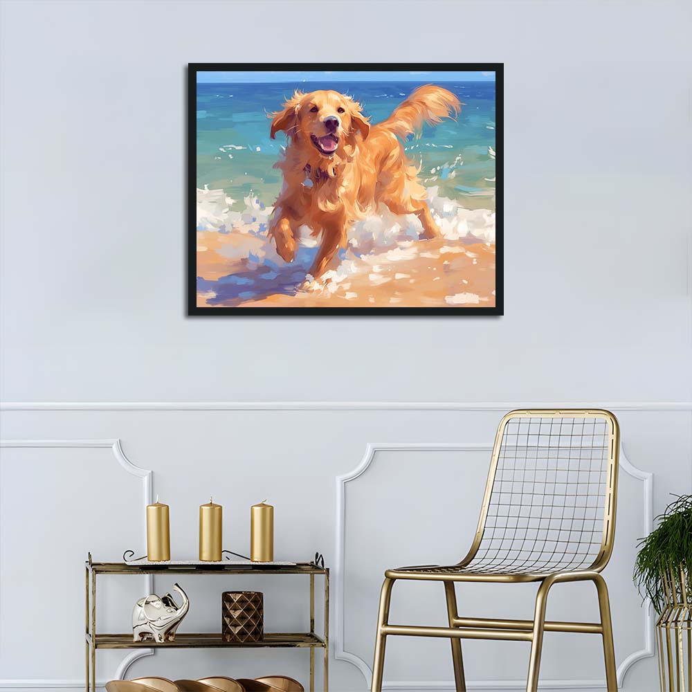 Golden Retriever Runs on Beach Cross Stitch Kits