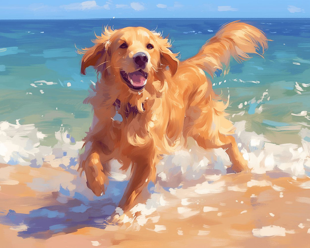 Golden Retriever Runs on Beach Cross Stitch Kits