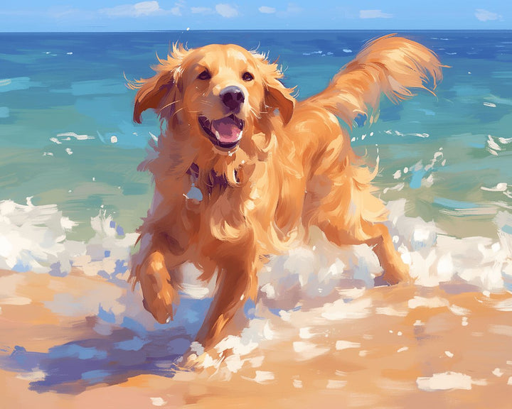 Golden Retriever Runs on Beach Cross Stitch Kits