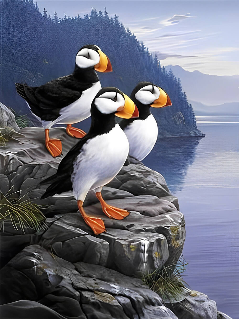 Puffins Gather on Coastal Rocks Cross Stitch Kits
