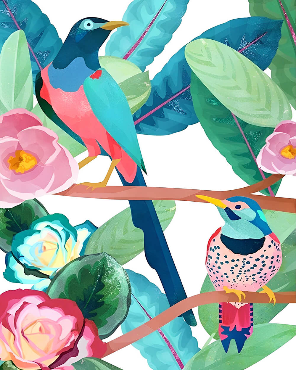 Birds Perch amidst Tropical Blooms Cross Stitch Kits