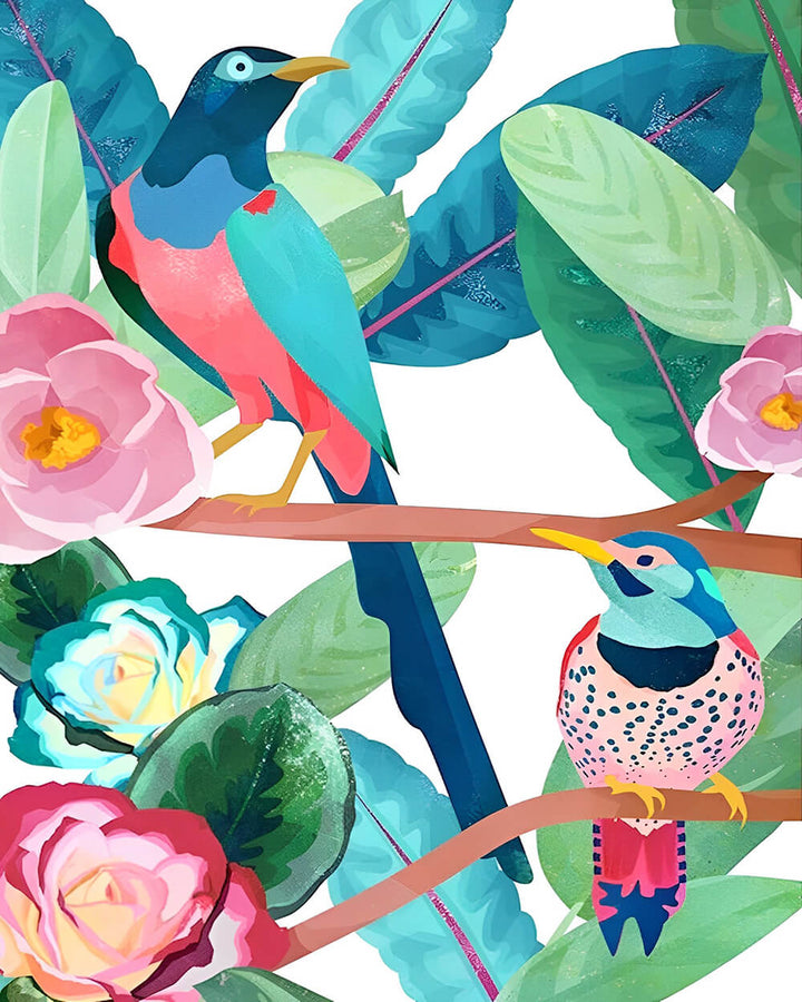 Birds Perch amidst Tropical Blooms Cross Stitch Kits