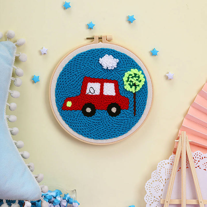 Red Car and Tree Punch Needle Embroidery Kits POP017