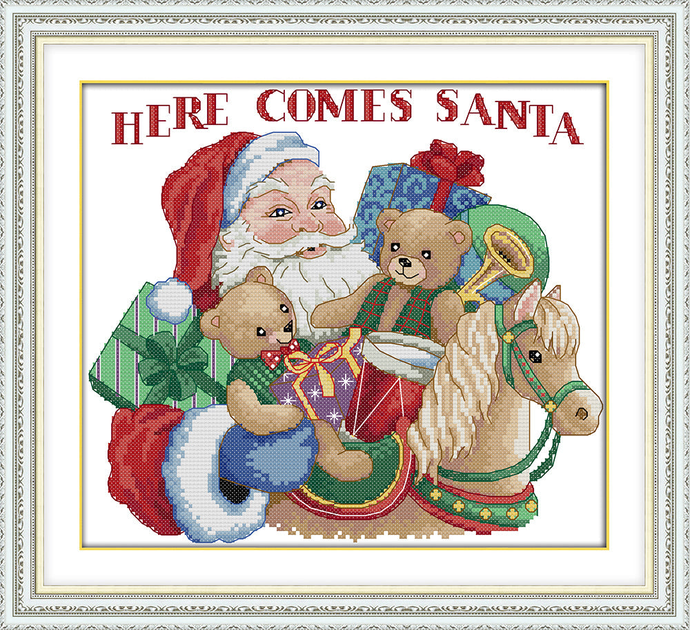 Crewel Here Comes Santa Children Xmas Finished Handmade 17.5 online x 14.5